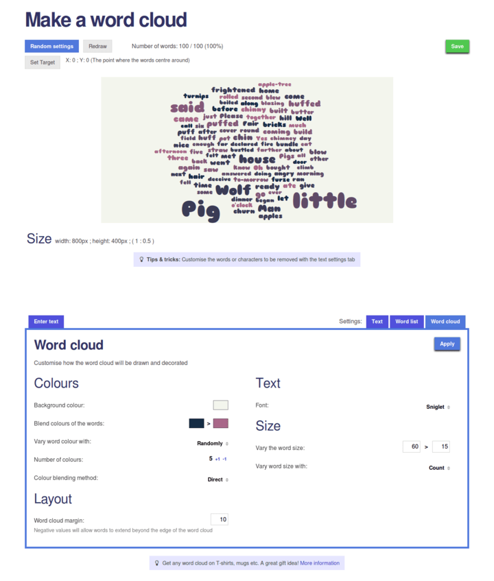 Former make a word cloud page print screen with tabs