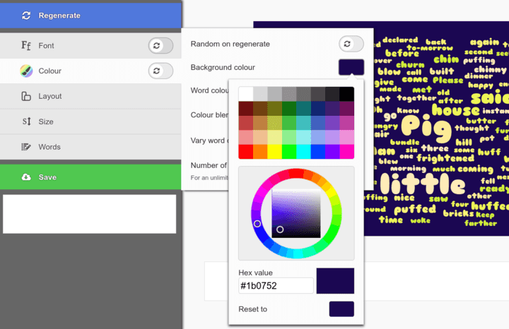 A colour picker open above the Colours menu while generating a word cloud on worditout.com